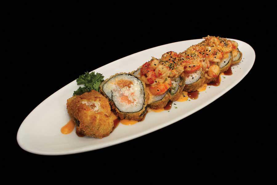 Louisiana Roll · Deep-fried. Spicy tuna, crab mix, cream cheese, salmon topped with baked crawfish, eel sauce, spicy mayo.