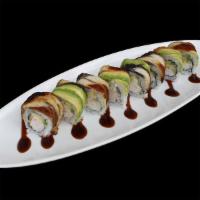 Dragon Roll · Crab mix, cucumber, avocado topped with eel, avocado, and eel sauce.