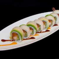 White Tiger Roll · Spicy tuna, shrimp tempura, cucumber topped with white tuna, avocado and eel sauce, spicy ma...