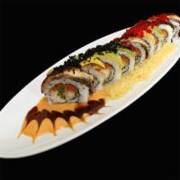Super Dragon Roll · Shrimp tempura. Spicy tuna, crab mix, jalapeno topped with eel, avocado, tobiko, crunch, spi...