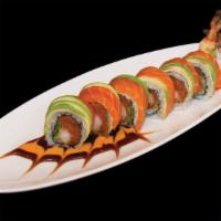 Broadway Roll · Shrimp tempura, spicy tuna, cucumber topped with salmon, avocado, spicy mayo, eel sauce.