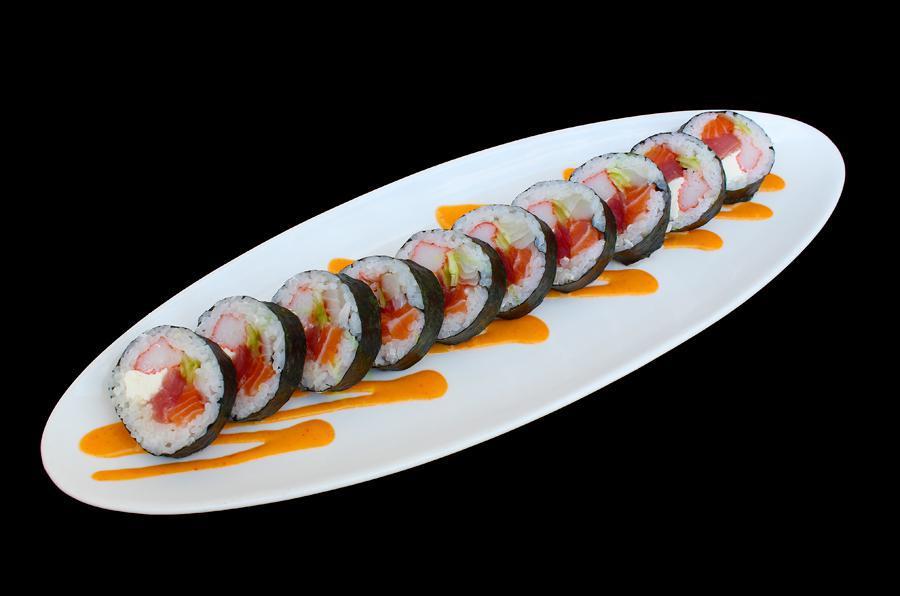 Osaka Roll · Tuna, salmon, yellowtail, kani, white fish, cucumber, cream cheese topped with spicy mayo.