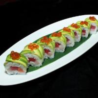 Sexy Sexy Roll · Tuna, salmon, yellowtail topped with sliced avocado, salmon roe and soy paper.
