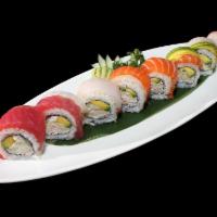 Rainbow Roll · Crab mix, cucumber, avocado topped with tuna, salmon, whitefish, yellowtail, avocado, and so...