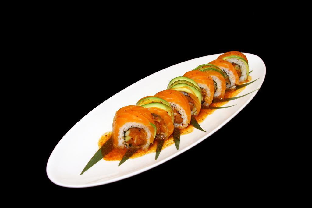 Spurs Roll · Spicy salmon, cucumber, topped with salmon, avocado, scallion, and spicy soy mustard dressing.