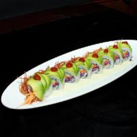 Forest Trail Roll · Cucumber, carrot, red cabbage topped with avocado, deep-fried sweet potato, pineapple sauce,...