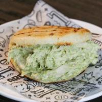 Fancy Arepa · Chicken salad with mayo and avocado chunks and Gouda cheese.