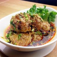 03. Chili Oil Wonton 红油抄手 · Succulent shrimp and pork steam wonton toss with authentic chili vinaigrette garlic scallion...