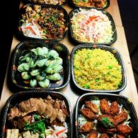 P1. Family Party Feast 到家大滿足 · 8 party trays serve 10-12 , comes with cabbage salad, vegetable fried rice, seafood pancake,...