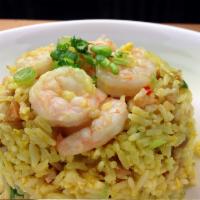 61. Shrimp Fried Rice 蝦炒飯 · Egg scallion vegetables high heat fast wok toss with a touch of shoyu flavor.