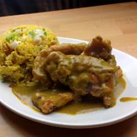 63. Curry Pork Chop Fried Rice 咖喱豬扒炒飯 · Marinated pork chop batter coated deep fried glaze with rich coconut nutty curry around high...