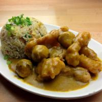 66. Curry Seafood Fried Rice 咖喱海鮮炒飯 · Ratter coated fresh seafood fried til golden with rich coconut nutty curry around high heat ...