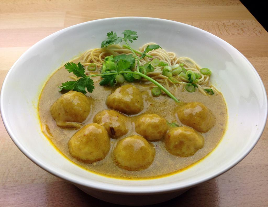 74. Curry Fish Ball Ramen 咖喱魚蛋拉麵 · Coconut cream nutty India curry spice slow cook golden fishball on flavorful curry soup ramen noodle.