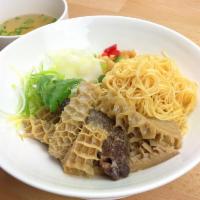85. Beef Tripe Hong Kong Style Lomein 牛肚港式撈麵 · Summering 5 spice fermented bean paste beef tripe on shoyu oil thin noodle toss scallion cil...