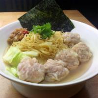 91. Wonton Noodle Soup 雲吞清湯麵 · Succulent shrimp and pork steam wonton on thin noodle soup scallion cilantro cabbage.