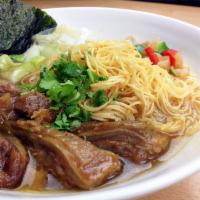 92. Braised Brisket Noodle Soup 牛腩清湯麵 · Simmering point half in spices fermented bran paste garlic shallot puree on thin noodles sou...
