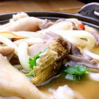100. Chinese Medicinal Hog Maw Chicken Soup Udon  藥膳豬肚雞烏冬 · Slow and low herbal meat stew master broth vegetable scallion a great tonic for all.