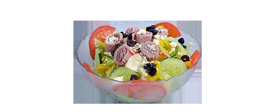 Larry's Famous Greek Salad · Garden salad topped with feta cheese, Greek olives, premium ham, pepperoncinis and our own Greek dressing.