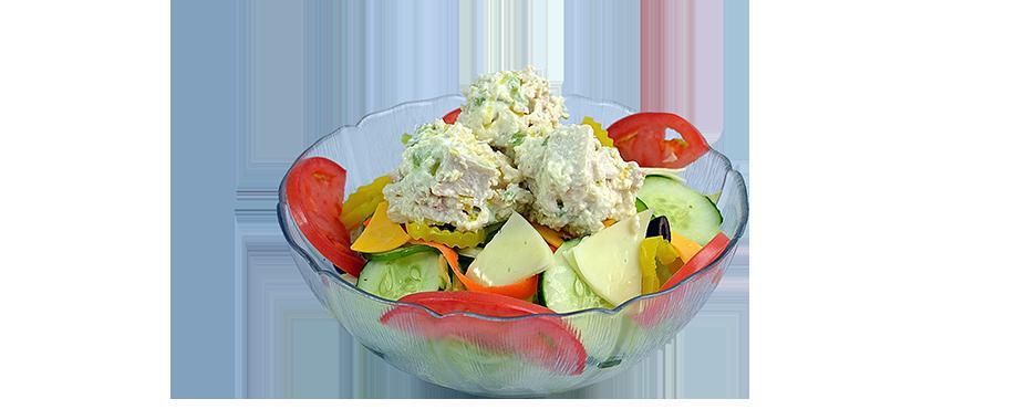 Sally Sherman All White Meat Chicken Salad · Garden salad topped with chicken blended with Hellmann's real mayonnaise.
