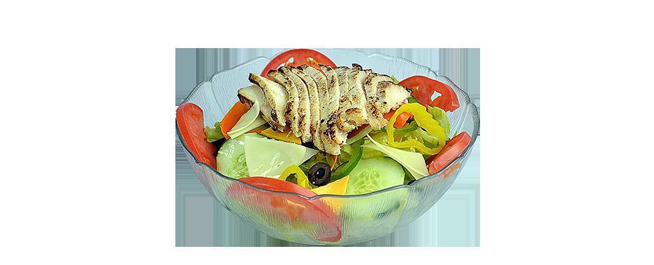 Chicken Breast Salad · Garden salad topped with raikes farms antibiotic-free, sustainably farmed chicken breast.
