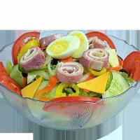 Chef Salad · Garden salad topped with premium ham, antibiotic-free turkey breast, and hard-boiled egg.