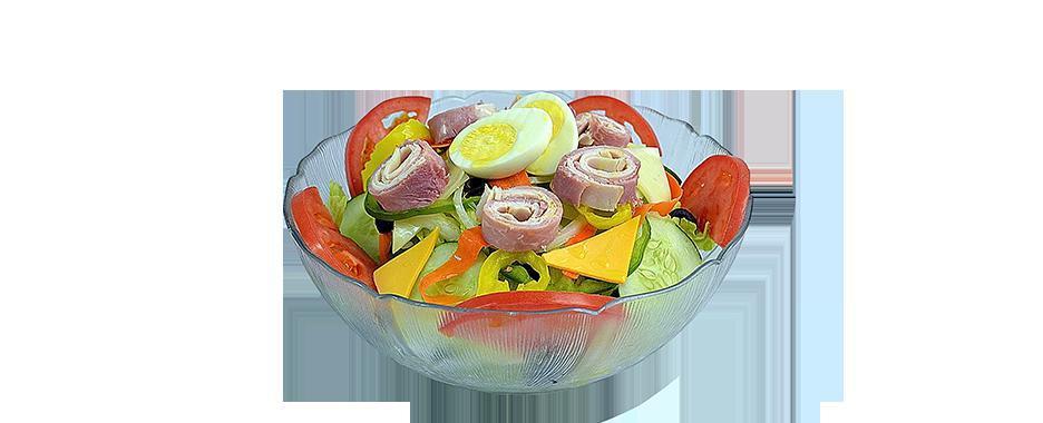 Chef Salad · Garden salad topped with premium ham, antibiotic-free turkey breast, and hard-boiled egg.