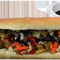 Chicago's Own Italian Beef Sub · All-natural USDA choice roast beef, melted provolone and hot giardiniera peppers dipped in a...