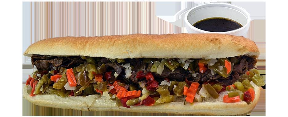 Chicago's Own Italian Beef Sub · All-natural USDA choice roast beef, melted provolone and hot giardiniera peppers dipped in a rich au jus sauce.