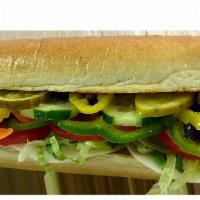 Veggie Sub · Lettuce, tomato, onions, black olives, bell peppers, pickles, banana peppers, carrots, cucum...