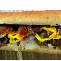 Inferno Steak Sub · All natural sirloin, sauteed onions, jalapenos, banana peppers, Larry's hot sauce and melted...