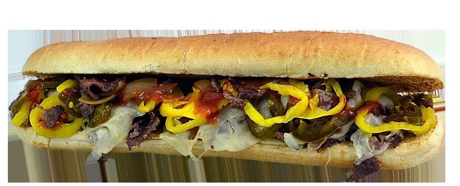 Inferno Steak Sub · All natural sirloin, sauteed onions, jalapenos, banana peppers, Larry's hot sauce and melted provolone.