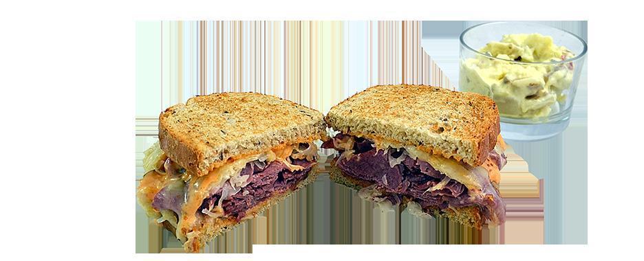 NY Style Great Reuben Sandwich · Raikes farms corned beef, melted Swiss, 1000 Island dressing and sauerkraut.