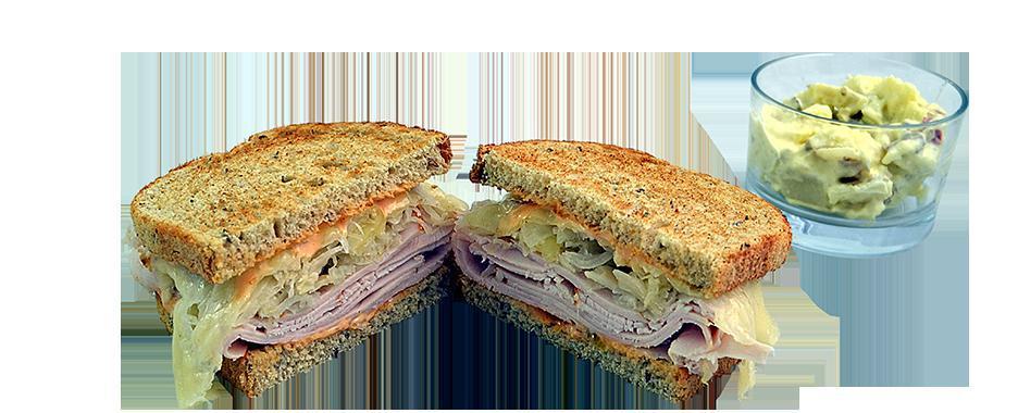 Turkey Reuben Sandwich · Raikes farms roasted turkey, melted Swiss, 1000 Island dressing and sauerkraut.