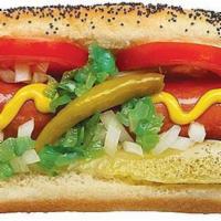 Vienna Beef Hot Dog · The following toppings are available: chili, mustard, ketchup, relish, onions piled onto a b...