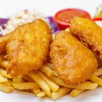 Fish and Chips Plate · Batter-dipped, golden-fried, flaky Atlantic cod fillets. Served with fries, coleslaw, cockta...