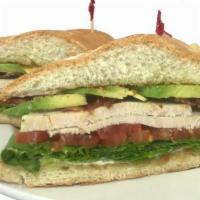 Ruby Club Sandwich Combo · Hand-carved turkey breast with thick-cut bacon, crisp lettuce, tomato, mayo and sliced avoca...