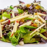Ruby's Apple, Pecan and Bleu Cheese Salad · Fresh spring mix, Romaine, julienne apples, dried cranberries, candied pecans, and golden ra...