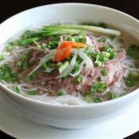 Pho Bo Soup · Rice noodle with thinly sliced beef in delicious beef broth. Gluten free.