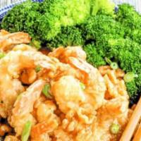 Honey Walnut Shrimp · Hand tossed shrimp in batter served with steamed broccoli and topped with candied walnuts in...