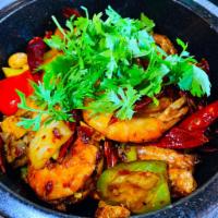 Szechuan Style Gan Guo Jumbo Shrimp · Hot and spicy.