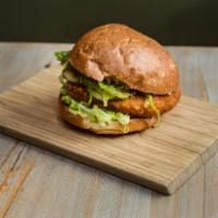 Nashville Hot Panko-Crusted Shrimp Burger · Black Tiger Shrimp, Red Cabbage Slaw, B&B Pickles, Chive Aioli