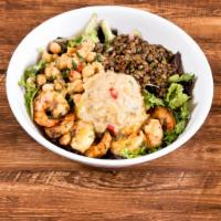 Wild Shrimp Salad Bowl · Organic Greens, Wild Shrimp, Lentil Salad, Chickpea Salad, and Roasted Eggplant.  Gluten Free.