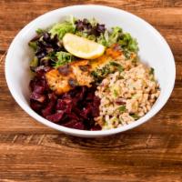 Organic Salmon Bowl · Organic Greens, Organic Salmon, Chickpea Salad, Beet Salad, and Lado Sauce.
