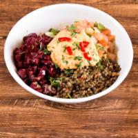 The Mediterranean Bowl · Organic Greens, Greek Salad, Lentil Salad, Beet Salad and Feta Spread.  Gluten Free and Vege...