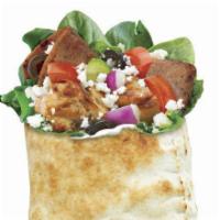 Super Greek · Gyro and chicken souvlaki with spinach, tomatoes, cucumbers, onions, black olives, feta, and...
