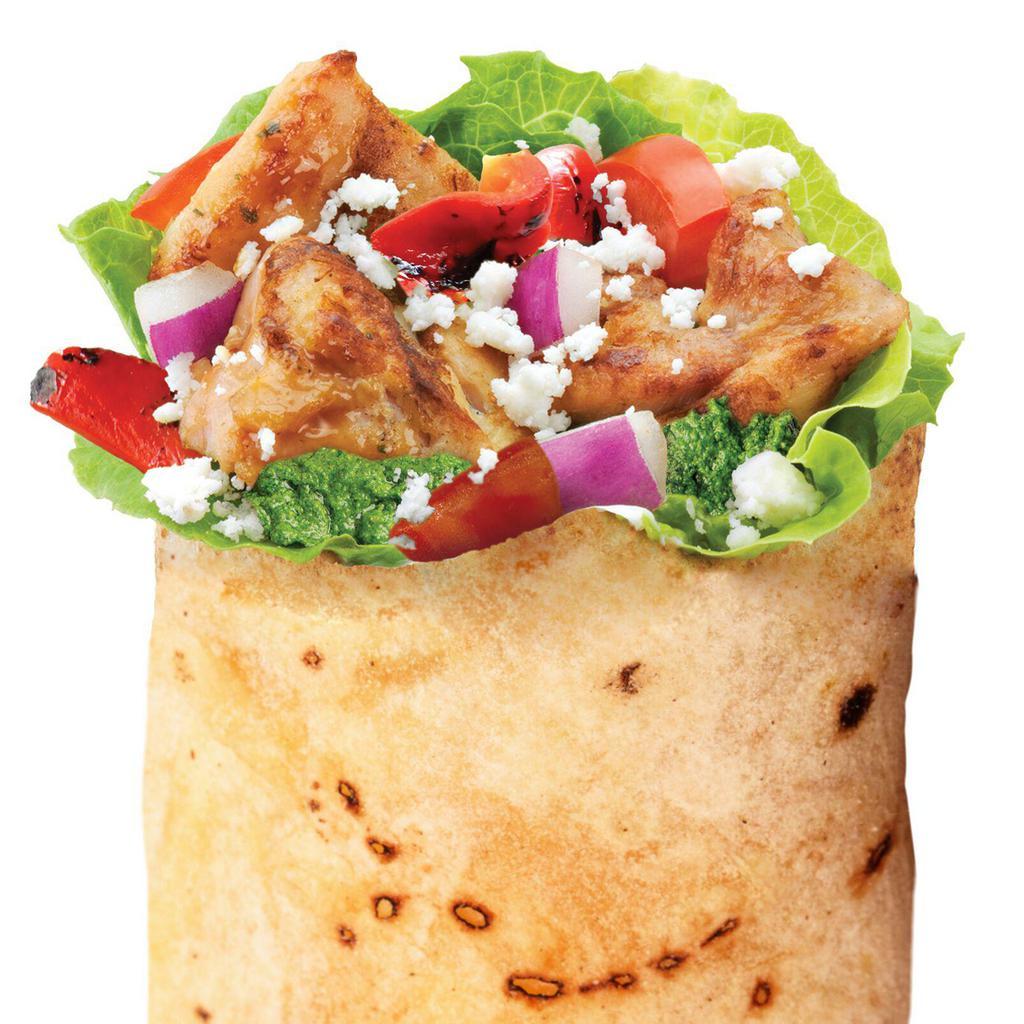 Chicken Pesto · Chicken grilled in pesto with romaine, tomatoes, roasted red peppers, feta, and Greek dressing.
