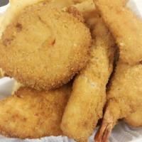 Fried Seafood Supreme Box · Fish, crab cake, crab stick, two jumbo shrimp and two scallops. Served with a side of your c...