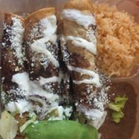 4 Flautas · Fried corn tortillas folded in half and filled with chicken, beef or cheese.