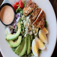 Cobb Salad · Here's your big salad! Mixed greens, grilled and juicy chicken breast, blue cheese, avocado,...