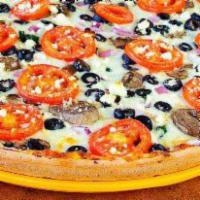 Large Garden Primavera Pizza · Honey wheat crust with mozzarella, Asiago, and feta cheese, spinach, mushrooms, red onions, ...